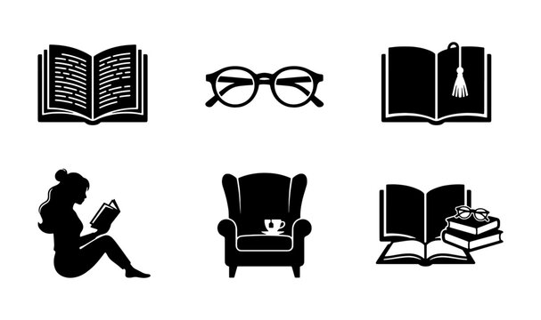 Reading Icons Set: Open Books, Glasses, Armchair with Tea, Silhouette Reader, Vector Graphics for Education, Literature, and Leisure