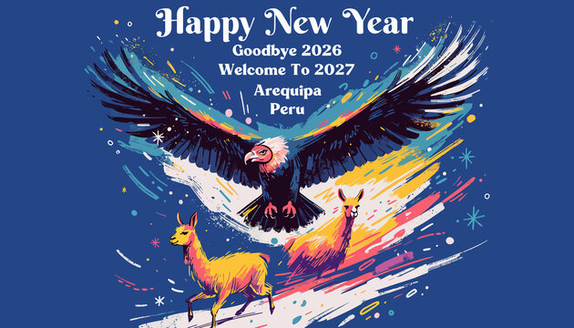 Happy New Year 2027 Arequipa Peru: Andean Condor Soars Above Llama and Deer in Festive Celebration