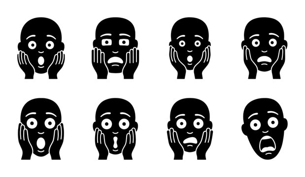 Shocked Face Icons, Fear Expression Vector Set, Surprise Emotion Graphics, Astonished Human Head Silhouettes, Black and White Emotion Faces
