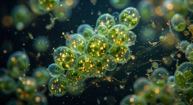Macro view of glowing green algae cells with internal structures floating in a dark liquid environment.