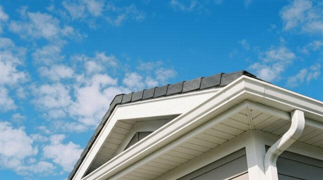White roof gutters on residential house exterior against blue sky.