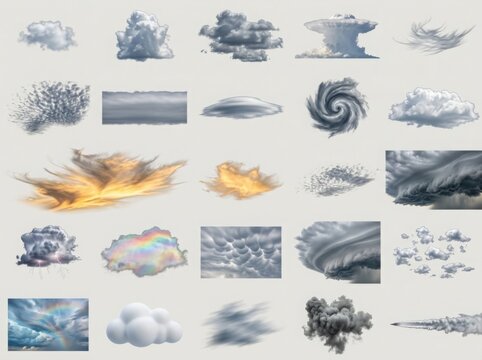 Collection of various weather cloud types and atmospheric formations isolated on a light gray background