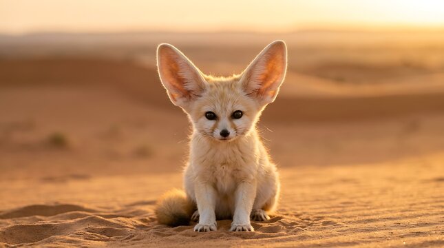Fennec fox sitting on sand