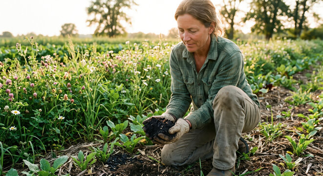 Female farmer kneeling in a lush green field holding a handful of rich dark soil amended with biochar during golden hour.