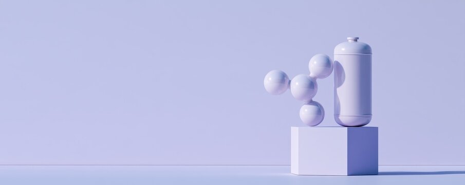 A physical hydrogen molecule sculpture beside a clean energy vessel, illustrating scalable clean technology.