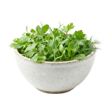 Fresh herbs and microgreens in a ceramic bowl