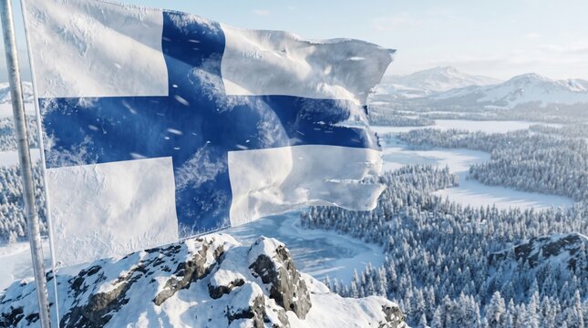 Finnish Flag Waving Over Snowy Mountain Landscape