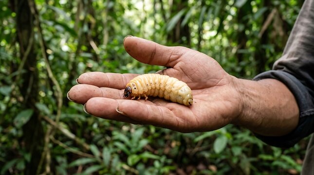 Hand holding sago grub