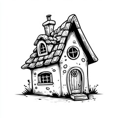 Fototapeta premium Black and white hand drawing of a fantasy stone cozy house on white background contour vector art