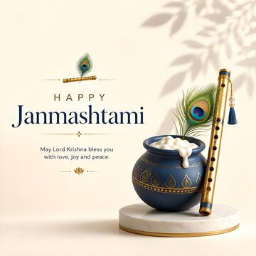 Blue butter pot and golden flute with peacock feather for janmashtami festival religion celebration spiritual traditional greeting