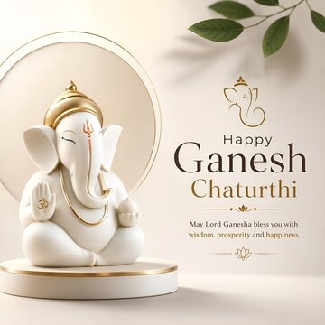 Happy ganesh chaturthi greeting card with lord ganesha statue chaturthi festival religion spirituality celebration blessing traditional