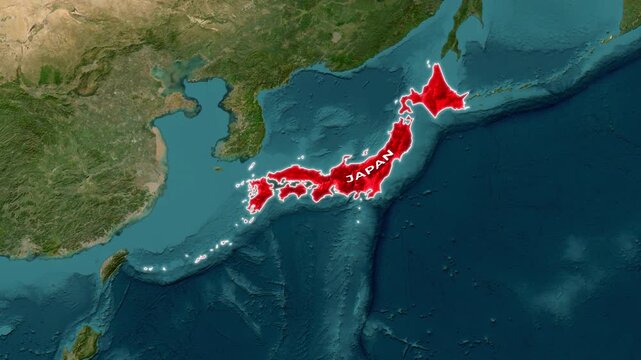 3D Satellite Map Animation Highlighting Japan with Red Fill and Waving National Flag