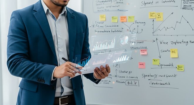 Strategic business presentation with whiteboard planning session.