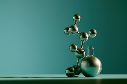A physical hydrogen molecule sculpture beside a clean energy vessel, expressing resilient modern energy infrastructure.