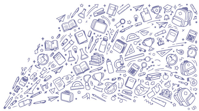 Educational back to school vector background featuring hand drawn doodle style supplies like backpacks books and stationery items pattern
