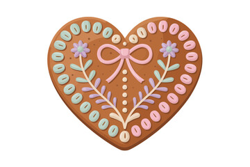 Obraz premium Heart shaped gingerbread cookie decorated with white icing pink bow light blue and pink dots and green leaves traditional holiday dessert vector isolated on transparency grid background.