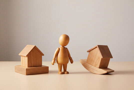 Fixed or variable mortgage rate, wooden figure choosing between a steady house and one on a rocking base