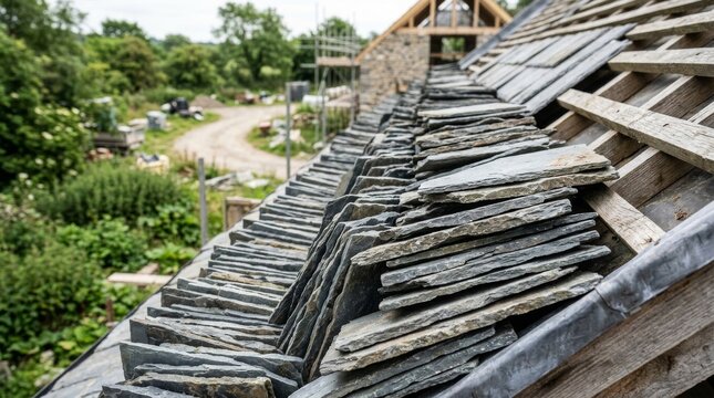 Natural stone slate tiles stacked on a roof during building renovation.