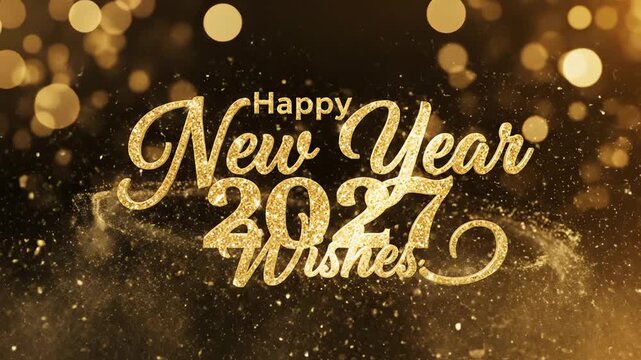 Happy New Year 2027 Wishes, golden glitter typography on black background, elegant holiday celebration video with bokeh lights