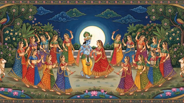 Radha Krishna Raas Leela in traditional Indian folk painting - moonlit devotional art.