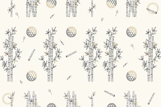 Seamless pattern with hand-drawn bamboo stalks, geometric circular patterns, and small leaves on a light cream background, zen style