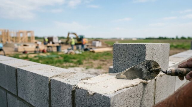 Mason laying concrete blocks for wall construction on building site.