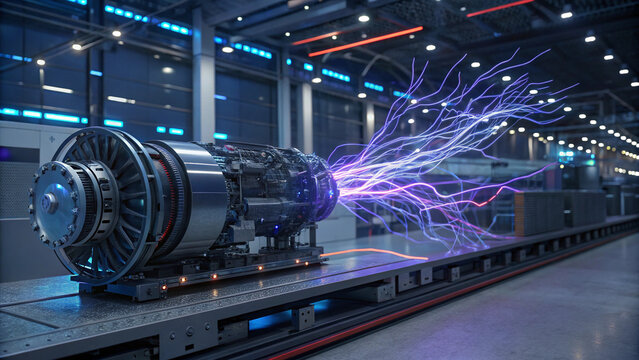 Futuristic engine emits glowing energy in high tech industrial setting, showcasing advanced technology and innovation
