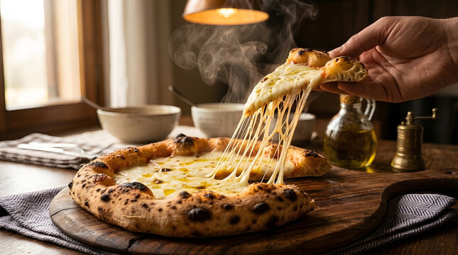 Steaming Neapolitan pizza slice with long melted cheese pull