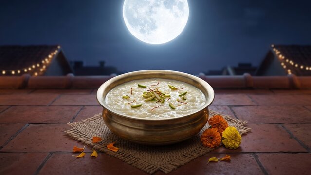 raditional kheer under full moon - Indian Kojagiri Purnima festival food.