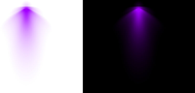 Purple spotlight beam effect, glowing violet stage light on black and white backgrounds, neon light flare for theater and event design