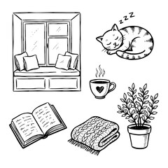 Cozy home atmosphere sketch with cat and reading essentials, illustration