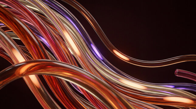 Flowing 3D glass strands weaving amber and purple light