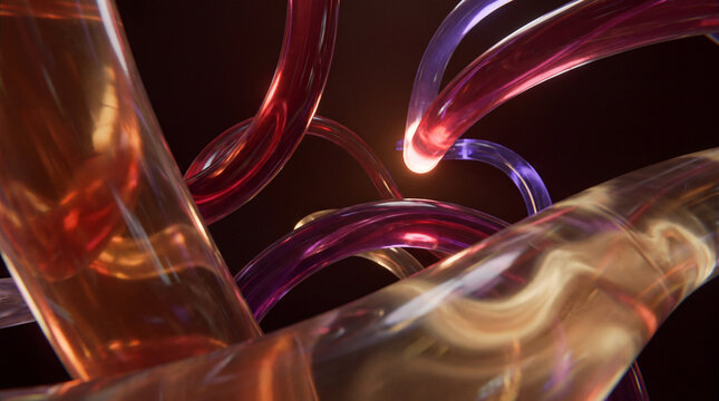 Macro 3D glass tubes rendered glowing at a crossing point