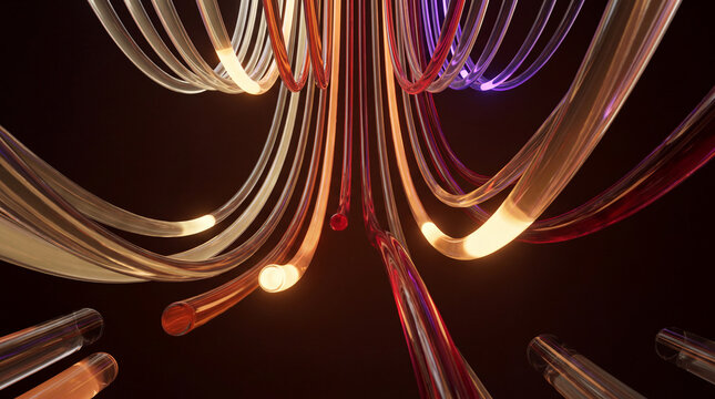 Converging 3D glass tubes radiating from a glowing point