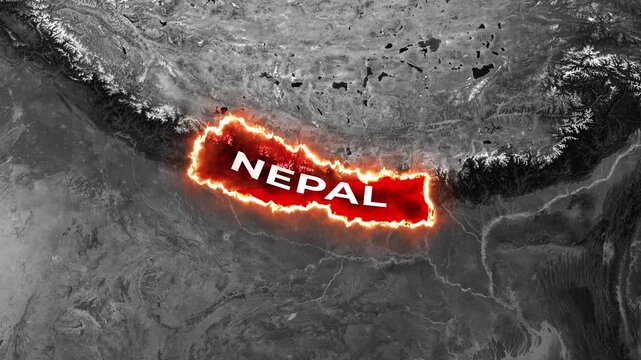 3D Dark Satellite Map Animation Highlighting Nepal with Text Overlay and Waving National Flag