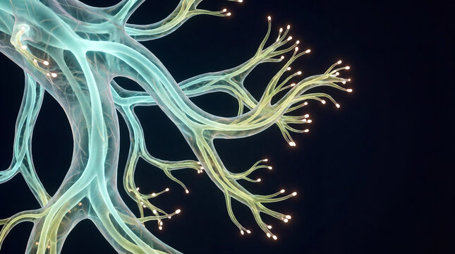 Branching 3D neuron structure glowing at every tip