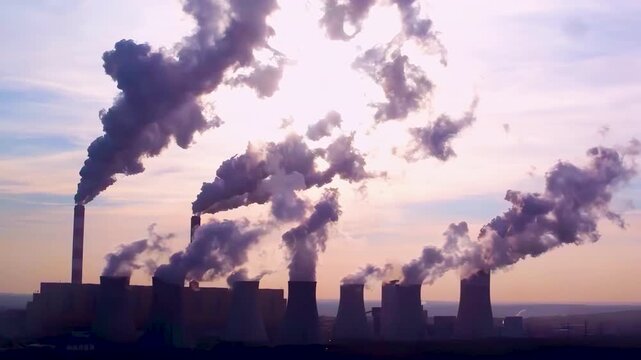 Panoramic view of a coal-fired power plant polluting the atmosphere. Serious consequences for climate change. 
