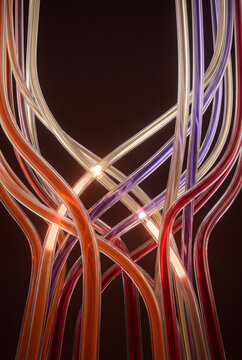 Vertical 3D glass tubes tangled in a glowing knot