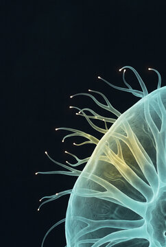 Radiating 3D tendrils flowing from a glowing organic mass