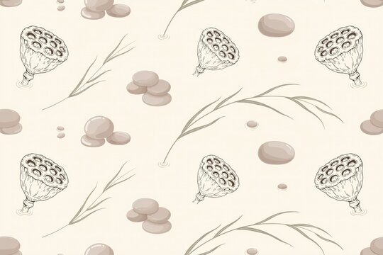 Seamless pattern with hand-drawn lotus seed pods, smooth river stones, and thin grass stalks on a light beige background, zen style