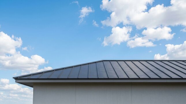 Modern residential house with a dark metal standing seam roof against a blue sky.