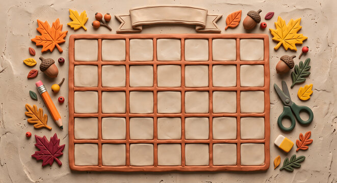 Plasticine Autumn Calendar Grid Template with Blank Banner, Leaves, Acorns, Pencil and Scissors Craft Flat Lay