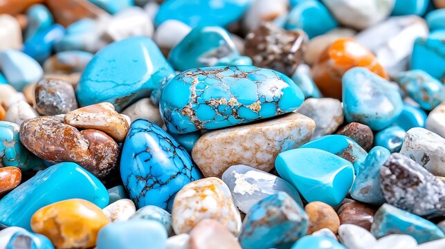 A close up view of polished vibrant blue turquoise gemstones mixed with various pebbles.