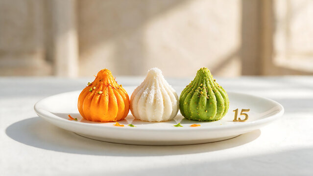 Three Handmade Tricolor Indian Modaks for 15th August Independence Day Celebration. Premium Gourmet Sweets in Saffron White and Green on Ceramic Plate.