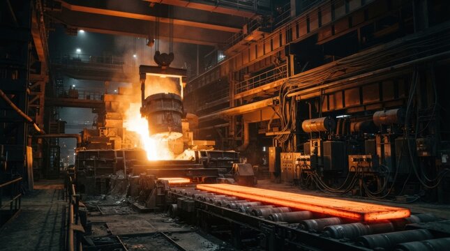 Steel mill with molten metal ladles, glowing slab on rollers, overhead crane, and transformers highlighting energy intensive heavy industry.
