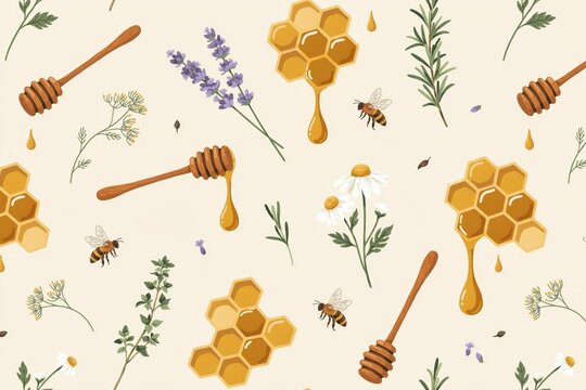 Seamless pattern with honeycombs, wooden honey dippers, bees, lavender, and chamomile flowers on a light cream background