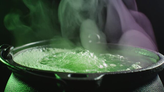 Iron Witch Cauldron Filled With A Glowing Green Potion