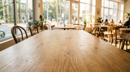 Fototapeta premium Empty Wooden Table in a Bright Cafe Setting.
