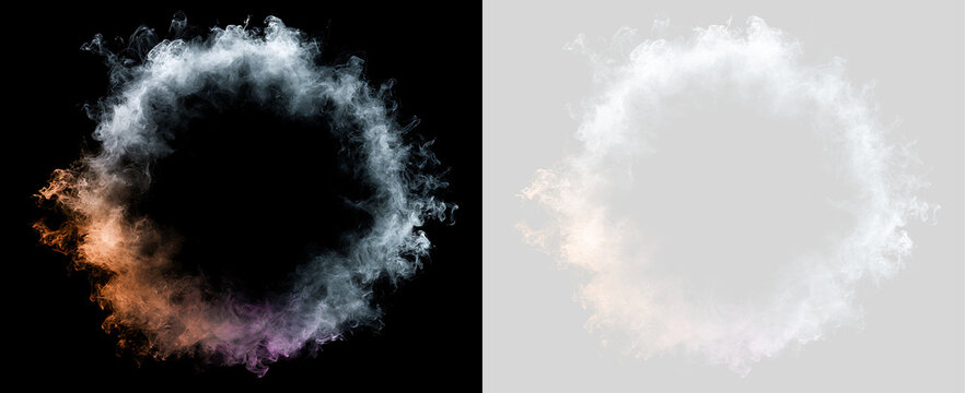 Circular smoke ring with colorful gradient on black and transparent background. Abstract vapor frame element with orange and purple glow