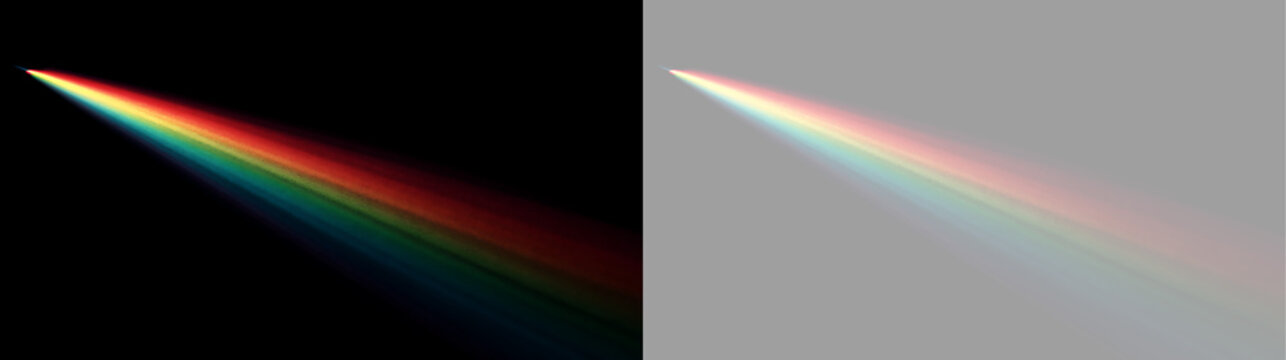 Rainbow light leak starting from top left with prism spectrum. Diagonal colorful light beam overlay on black and transparent background